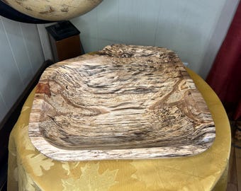 Hand carved spalted yellow birch bowl with copper epoxy accents.
