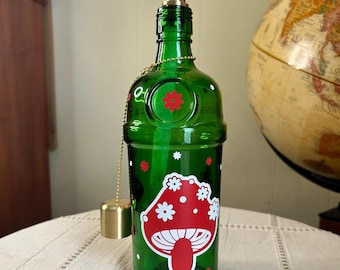 Green Glass Bottle Oil Lamp – Mushroom Floral Design, Cottagecore Boho Decor
