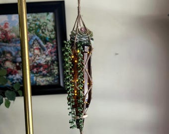 Handmade Hanging Light-Up Planter | Macramé Boho Decor | LED Bottle Planter