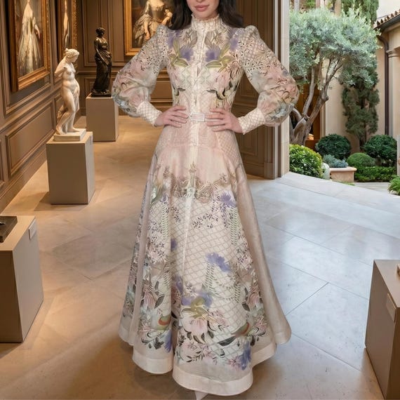 Floral Print Boho Maxi Dress, French Cottagecore Prairie Style, High Neck, Flared, Garden Party Dress, Wedding Guest Gown