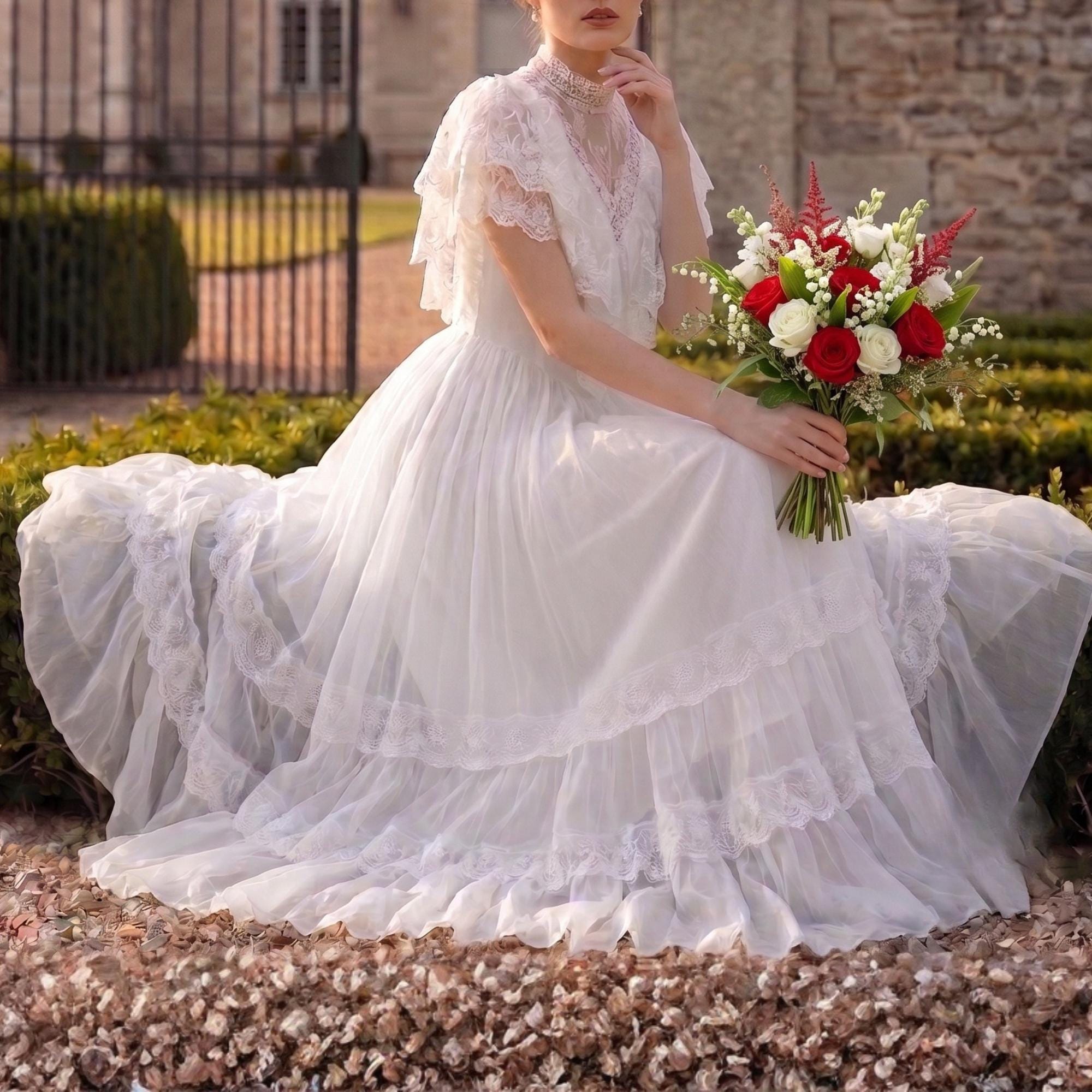 white lace dress india White Gathered Lace Dress S