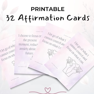 May include: Printable affirmation cards with text like "I let go of what I cannot control and focus on what I can." The cards have a soft, pastel color scheme and feature line art of hands holding hearts. The words "32 Affirmation Cards" are at the top.