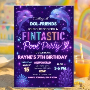 Editable Dolphin Birthday Party Invitation Tie Dye Neon Glow Dolphin Party Under The Sea Rainbow Dolphin Birthday Party Instant Download