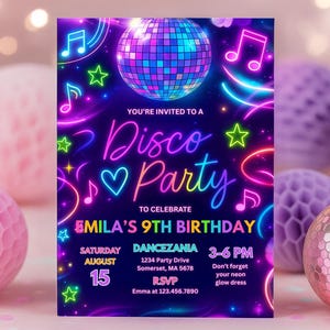 Editable Disco Party Invitation Neon Glow Disco Dance Party Invitation Neon Glow Disco Party Neon Disco Dance Party Instant Download