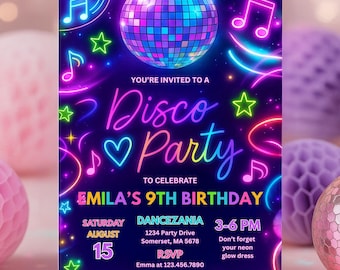 Editable Disco Party Invitation Neon Glow Disco Dance Party Invitation Neon Glow Disco Party Neon Disco Dance Party Instant Download