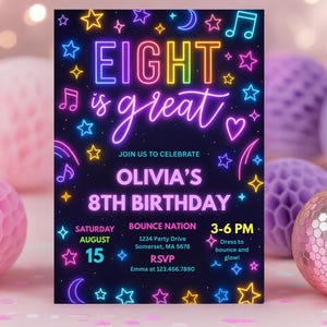 Editable Eight Is Great Birthday Party Invitation Neon Glow 8th Birthday Party Neon Dance Disco Neon Glow Jump Party Instant Download
