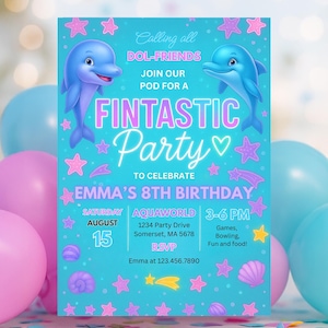 Editable Dolphin Pool Party Invitation Neon Glow Dolphin Under The Sea Pool Birthday Party Rainbow Dolphin Party Instant Download