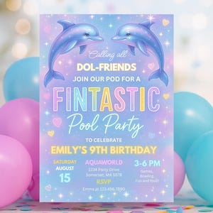 Editable Dolphin Pool Party Invitation Neon Glow Dolphin Under The Sea Pool Birthday Party Rainbow Dolphin Party Instant Download