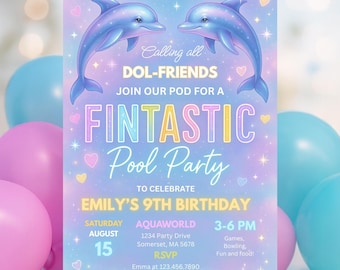 Editable Dolphin Pool Party Invitation Neon Glow Dolphin Under The Sea Pool Birthday Party Rainbow Dolphin Party Instant Download