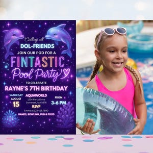 Editable Dolphin Birthday Party Photo Invitation Tie Dye Neon Glow Dolphin Party Under The Sea Rainbow Dolphin Birthday Party Download