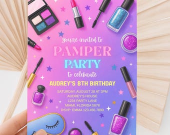 Spa-Party Einladung, Spa-Geburtstagseinladung, Verwöhn-Party einladen, Glam-Party, Spa-Mädchen-Geburtstagsfeier einladen, bearbeitbare Canva-Vorlage