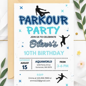 May include: A white invitation card with a tan envelope, featuring a blue and light blue "Parkour Party" theme. The invitation includes the text "Join us to celebrate Oliver's 10th Birthday" and event details. Black silhouettes of parkour figures are also included.
