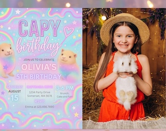 Editable Capybara Birthday Party Photo Invitation Neon Pastel Glow Capybara Birthday Party Cute Pastel Capy Birthday Party Instant Download