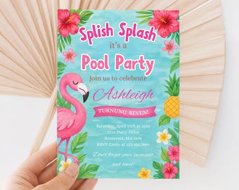 Splish Splash Pool Party Birthday Invitation Girl Summer Birthday Invitation Pink Flamingo Pool Party Editable Digital Download