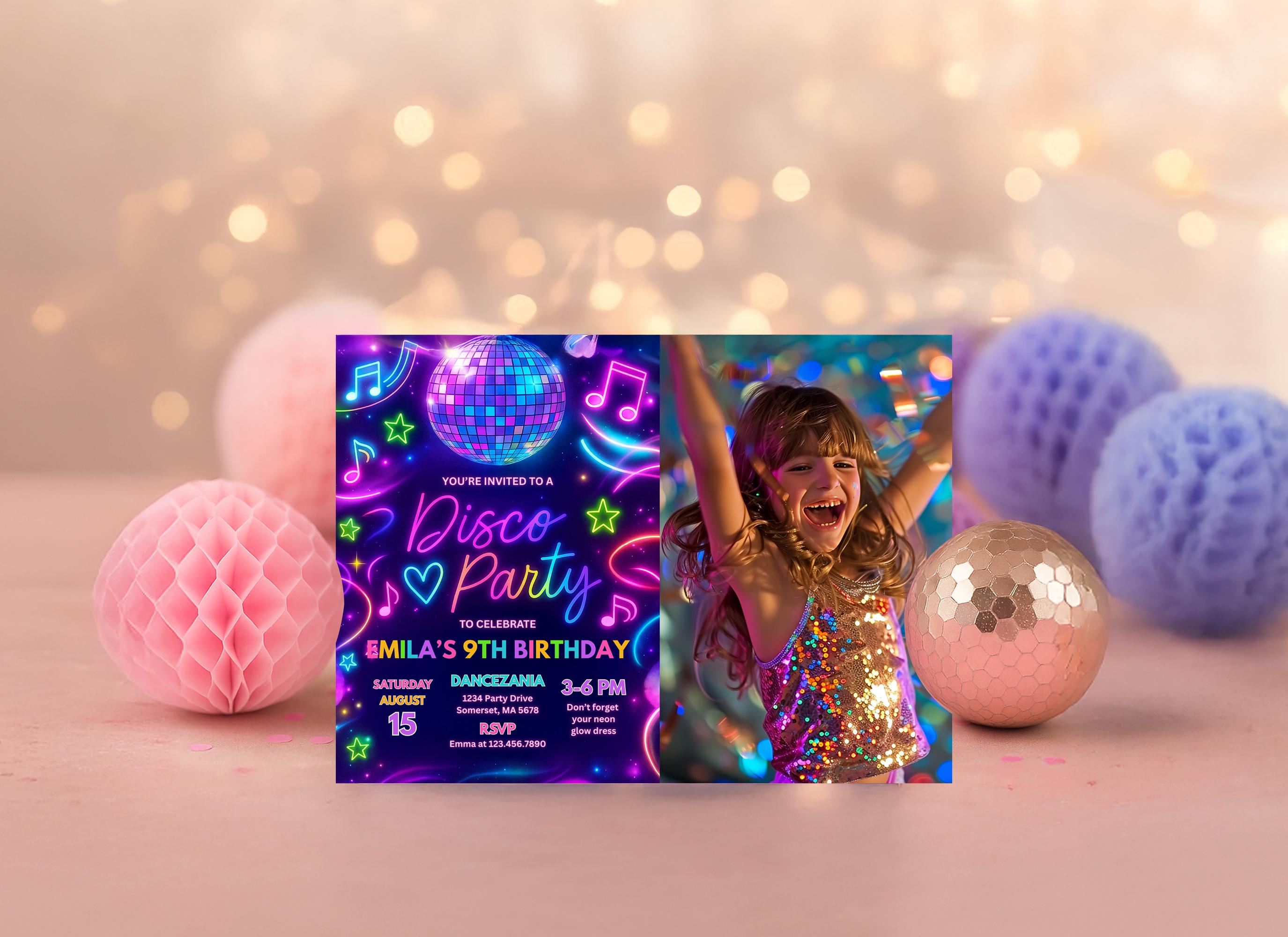 Editable Disco Party Photo Invitation Neon Glow Disco Dance Party Invitation Neon Glow Disco Party Neon Disco Dance Party Instant Download