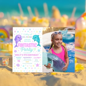 Editable Dolphin Pool Party Photo Invitation Neon Glow Dolphin Under The Sea Pool Birthday Party Rainbow Dolphin Party Instant Download