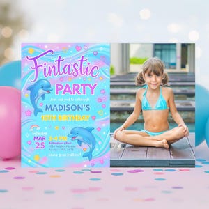 Editable Dolphin Pool Party Photo Invitation Neon Glow Dolphin Under The Sea Pool Birthday Party Rainbow Dolphin Party Instant Download