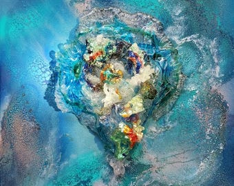 Original Abstract Painting Canvas Glass Look Wall Art Sculpture Ocean Corals Resin Crystals Art Colorful Blue Coastal Decor Eye of The Storm