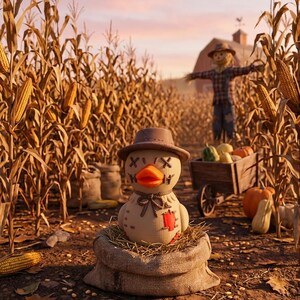 May include: A rubber duck designed as a scarecrow, featuring a brown hat, stitched X-shaped eyes, an orange beak, and a tan body with a red patch, sitting inside a burlap sack filled with straw in a cornfield with a scarecrow and pumpkins.
