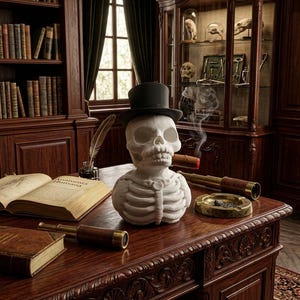 May include: A white skeletal bust wearing a black top hat and holding a lit cigar with visible smoke. The figure is positioned on a dark wooden desk alongside an open book, a quill in an inkwell, two brass telescopes, and an ashtray.