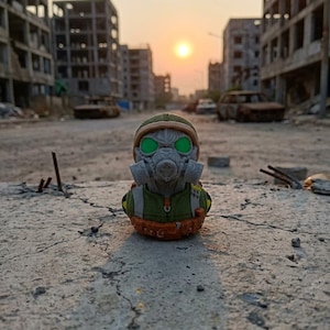 May include: A rubber duck figurine styled as a post-apocalyptic survivor, featuring a grey gas mask with glowing green lenses, a green tactical vest, a tan cap, and an orange utility belt around the base, set against a desolate urban background.