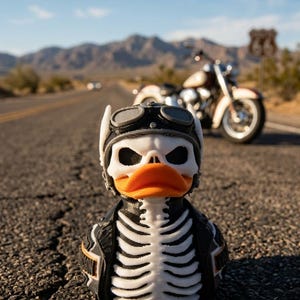 May include: A rubber duck figurine designed with a white skeleton ribcage pattern on its chest, wearing a black leather-style jacket and a black motorcycle helmet with goggles. The duck has a bright orange beak and is positioned on a paved road.