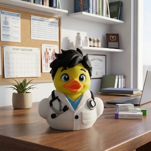May include: A yellow rubber duck figurine dressed as a doctor, featuring black hair, a white lab coat, a blue shirt collar, and a black stethoscope draped around its neck. The duck has large blue eyes and an orange beak, presented as a character.