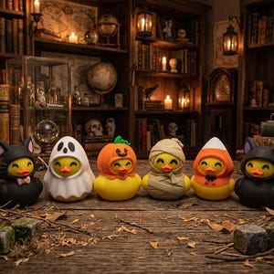 Puede incluir: Un conjunto de seis patitos de goma amarillos vestidos con disfraces de Halloween, incluyendo un gato negro, un fantasma blanco, una calabaza naranja, una momia beige, un caramelo de maíz y un murciélago negro, alineados sobre madera.