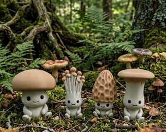 May include: Four small, anthropomorphic mushroom figurines with smooth, light-colored bodies and simple, smiling faces. Each figure features a distinct cap shape, including a wide rounded top, a cluster of thin stalks, a textured morel, and a flat cap.