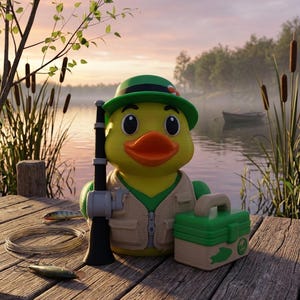 May include: A yellow rubber duck wearing a green hat and a beige fishing vest, holding a black fishing rod. Next to the duck is a green and beige tackle box, a coiled fishing line, and two fishing lures on a wooden dock surface.