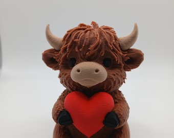 Highland Cow Holding Heart - 3D Printed Figurine