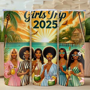Girls Trip 2025 Copo de 20 oz – Equipe Mágica Tropical Black Girl com Vibrações de Ilha e Glamour de Férias