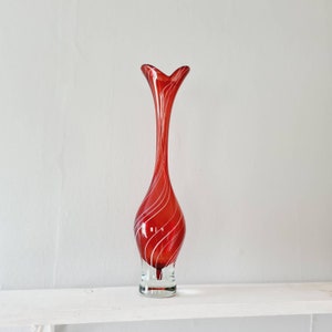 Elegant red striped high swedish glass vase / 16" x 3 3/4" designer Vicke Lindstrand, Kosta/ 1950