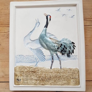 Ceramic bird/crane plaque / 8 1/4&quot; x 6 1/2&quot; / Seramic plaque / wall decor / wall hanging / wall plaque bird from Jie, Sweden
