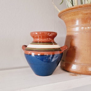 Può includere: Un piccolo vaso in ceramica blu e marrone con una striscia bianca e accenti verdi. Il vaso ha due piccole maniglie sui lati.