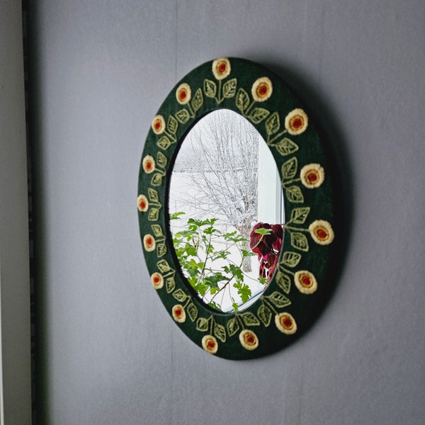 Lovely retro embroidered green linen mirror
