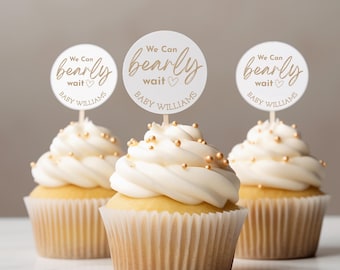 We Can Bearly Wait Cupcake Toppers for Baby Shower Cupcake Toppers Boy Baby Shower Cake Topper Gender Neutral Baby Shower Ideas Teddy Bear
