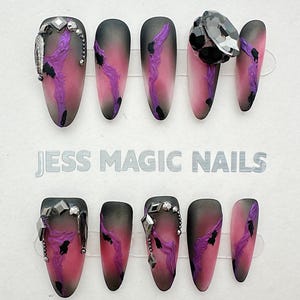 Reusable|  Fatale Press-On Nails | Purple Black Nails with Lace, Leopard,Metallic Accents | Sexy Dark Gradient Mix | Bold Handmade Nail Set