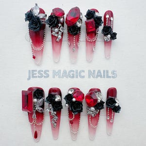 Reusable Crimson Nocturne Press On Nails – Gothic Red Black Rose Nails | 3D Pearl Chain Stiletto Design | Dark Romance Statement Set