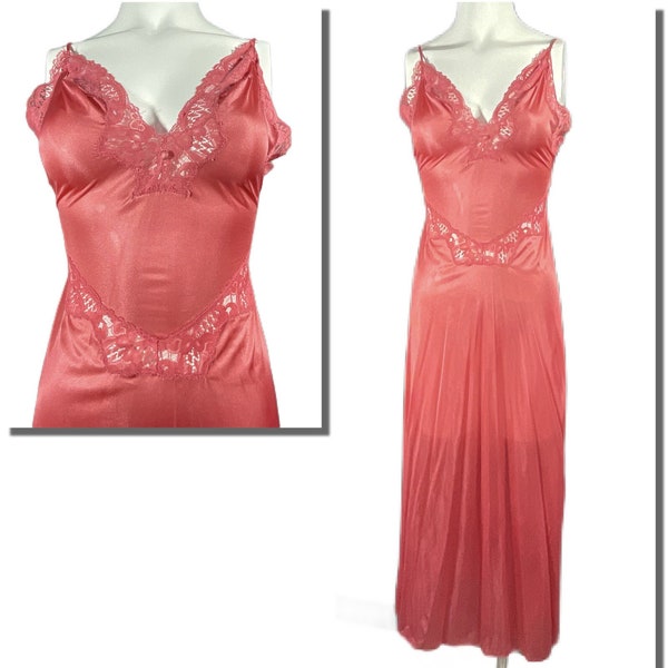 Vintage Rose Pink Olga Style Form Fit Lace Bust Gown Nylon Small