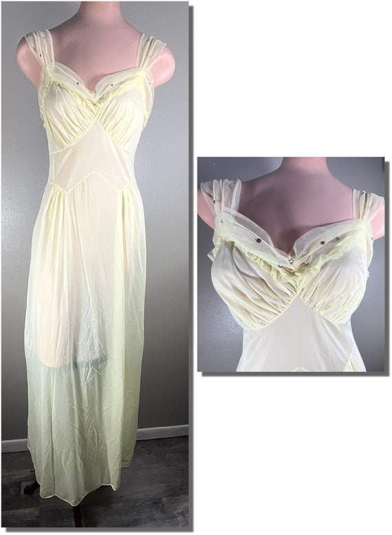 Beautiful Lemon Nylon Tricot Vintage Gown With Ch… - image 1