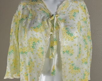 Vintage Sweet 1940s Yellow Floral Bed Jacket Robe Silky Rayon Satin M