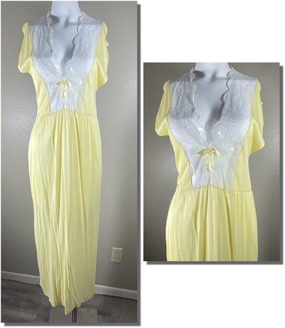 Lemon Yellow Vintage 1950s Rayon Gown w Embroider… - image 1