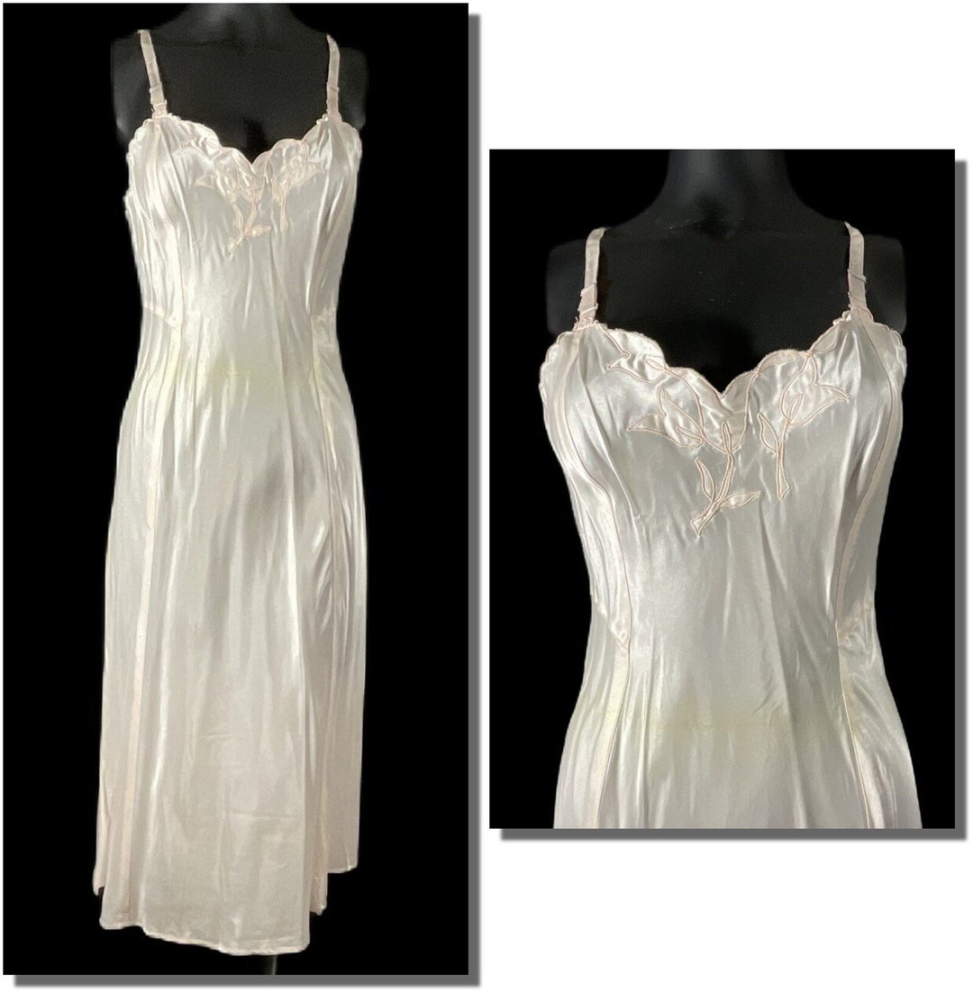 Vintage 1940s Baby Pink Rayon Satin Slip Dress Embroidered Bust NOS 34 ...