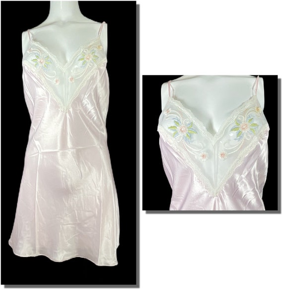 Vintage Liquid SATIN Shiny Pink Gown Embroidered … - image 1