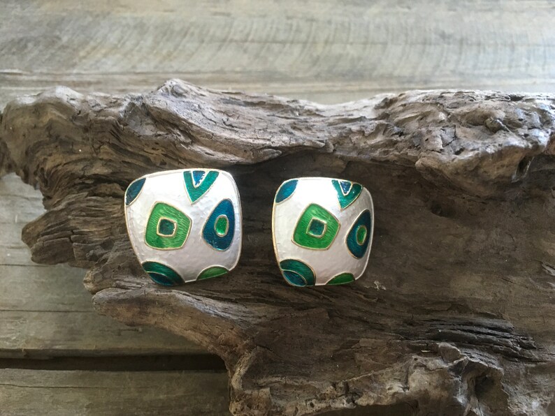 Vintage Enamel Bangle Bracelet and Clip Earring Set Kelly Green Turquoise White
