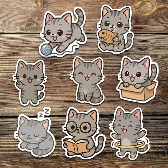 Gray Tabby Cat Sticker Pack: Kawaii Vinyl Decals for Laptop, Water Bottle