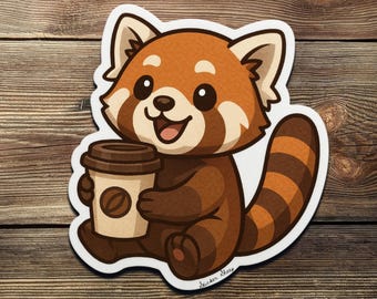 Red Panda Coffee Sticker – Cute Kawaii Animal Holding Coffee Cup Vinyl Decal, Cozy Autumn Aesthetic Gift for Caffeine and Animal Lovers