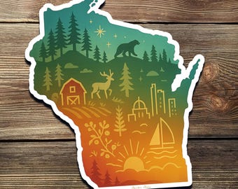 Autocollant en vinyle en forme de Wisconsin avec voilier Bear Barn et design Capitol - Autocollant d&#39;État imperméable pour cadeau bouteille d&#39;eau pour ordinateur portable