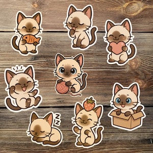Set di adesivi a tema gatto siamese - Adesivi in vinile kawaii con simpatici gatti per laptop, borraccia, diari e regali per gli amanti dei gatti